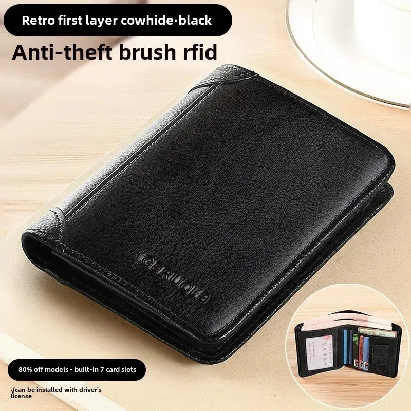 Men's Genuine Leather Compact Trifold RFID Wallet with Cardholder and Bill Compartments