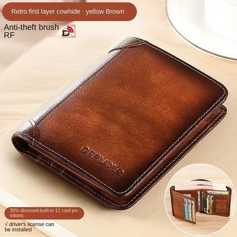 Men's Genuine Leather Compact Trifold RFID Wallet with Cardholder and Bill Compartments