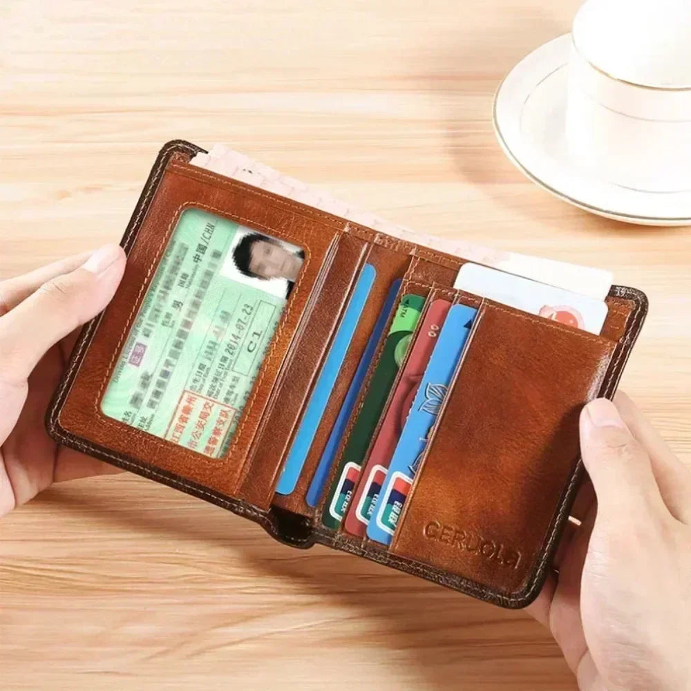 Men's Genuine Leather Compact Trifold RFID Wallet with Cardholder and Bill Compartments