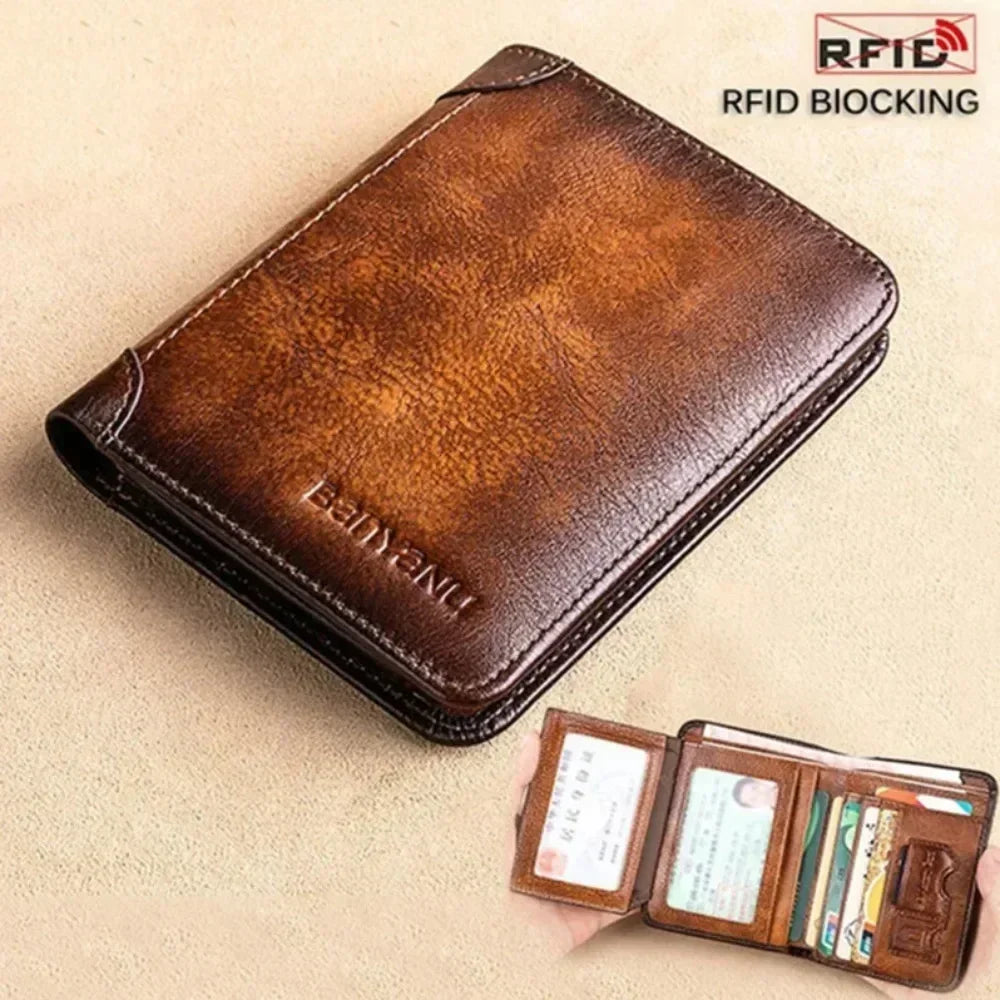 Men's Genuine Leather Compact Trifold RFID Wallet with Cardholder and Bill Compartments Image