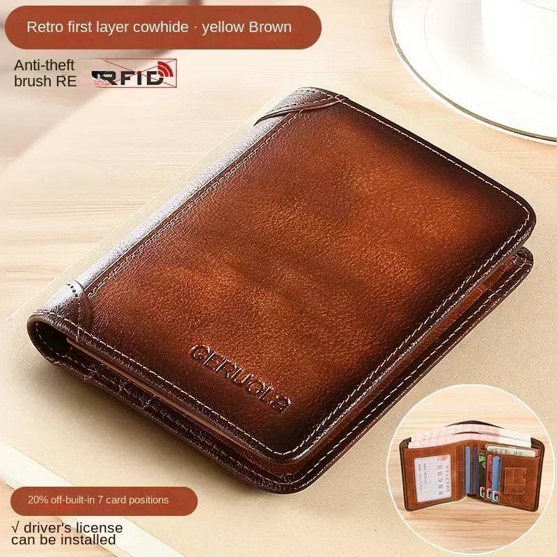 Men's Genuine Leather Compact Trifold RFID Wallet with Cardholder and Bill Compartments