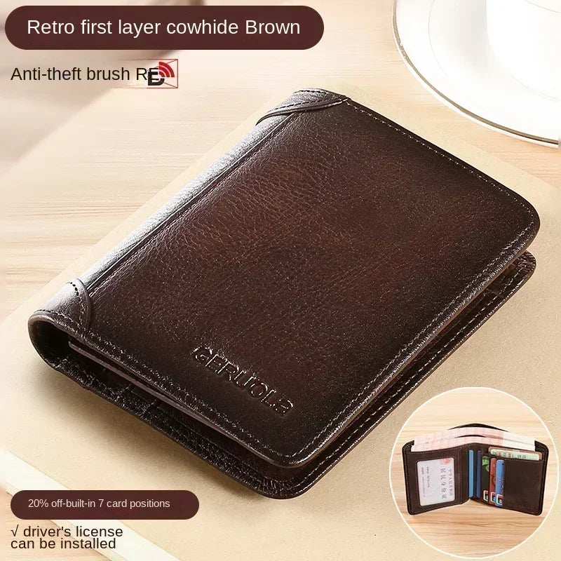 Men's Genuine Leather Compact Trifold RFID Wallet with Cardholder and Bill Compartments