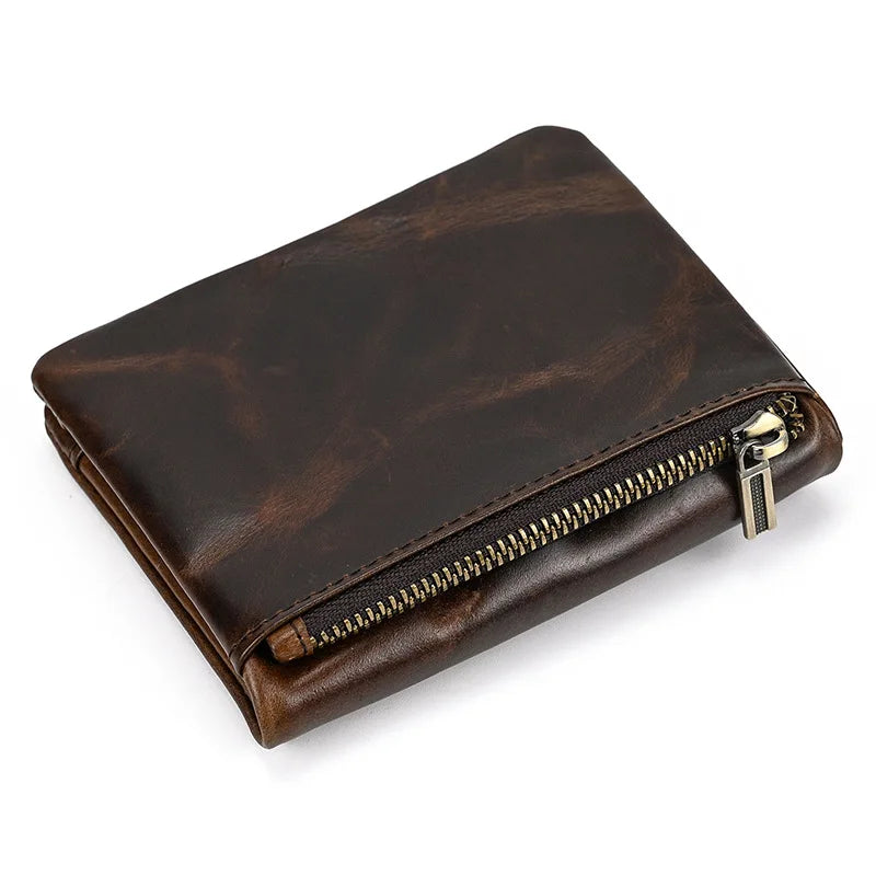 Genuine Cowhide Leather Bifold Wallet with Zippered Coin Pocket for Men