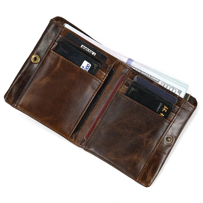 Genuine Cowhide Leather Bifold Wallet with Zippered Coin Pocket for Men