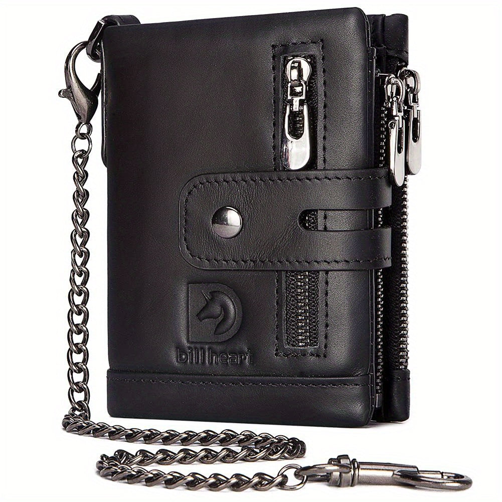 Men's Cowhide Leather Chain Wallet, RFID Blocking