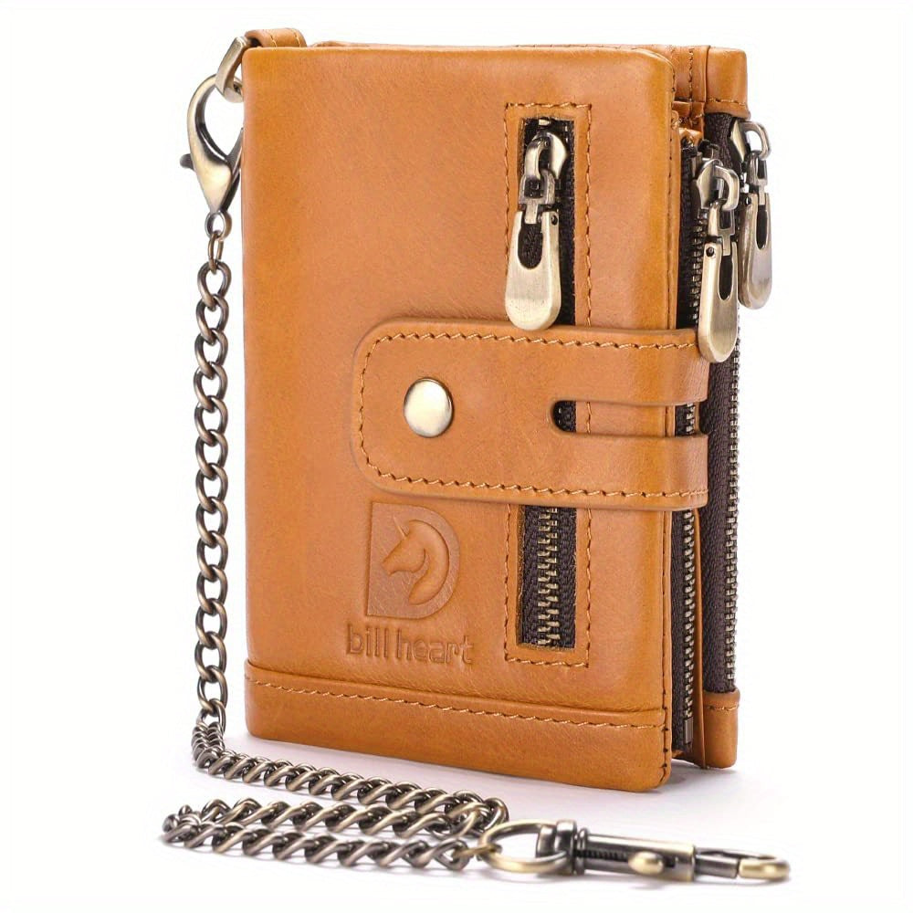 Men's Cowhide Leather Chain Wallet, RFID Blocking