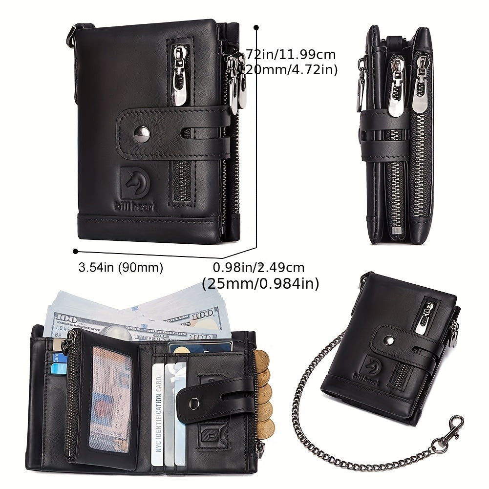 Men's Cowhide Leather Chain Wallet, RFID Blocking