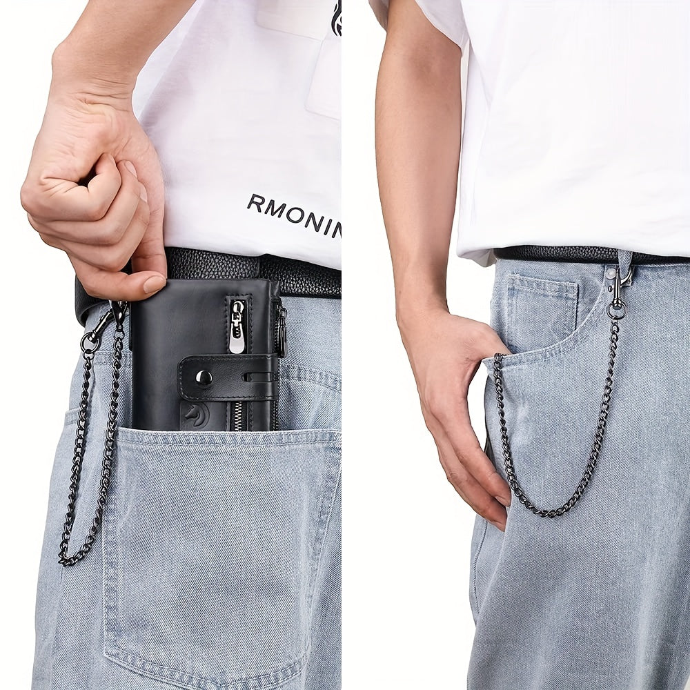 Men's Cowhide Leather Chain Wallet, RFID Blocking