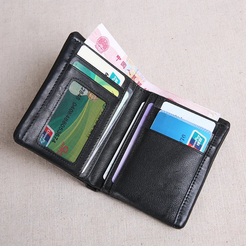 Compact Black Genuine Leather Men's Wallet with Card Holder and Compartments