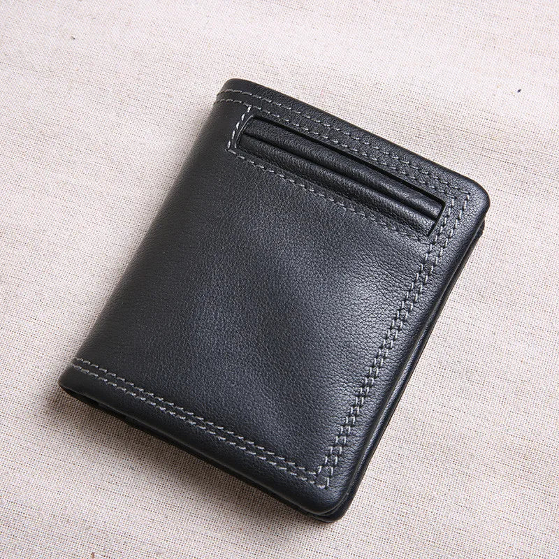 Compact Black Genuine Leather Men's Wallet with Card Holder and Compartments