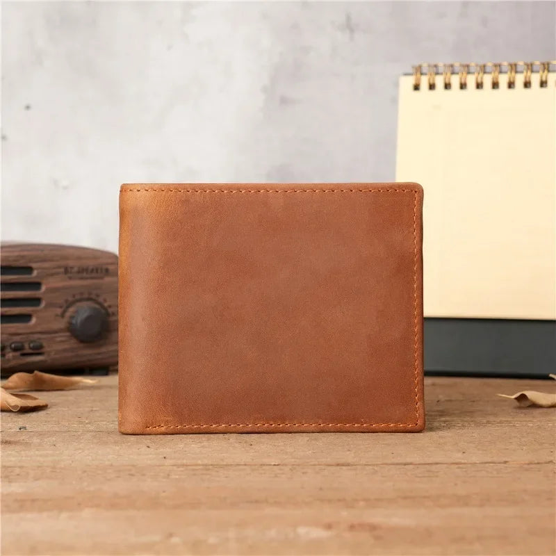 Men's Genuine Crazy Horse Leather Wallet with RFID Protection and Coin Pocket