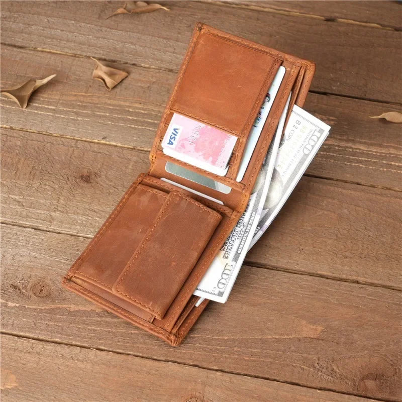 Men's Genuine Crazy Horse Leather Wallet with RFID Protection and Coin Pocket Image