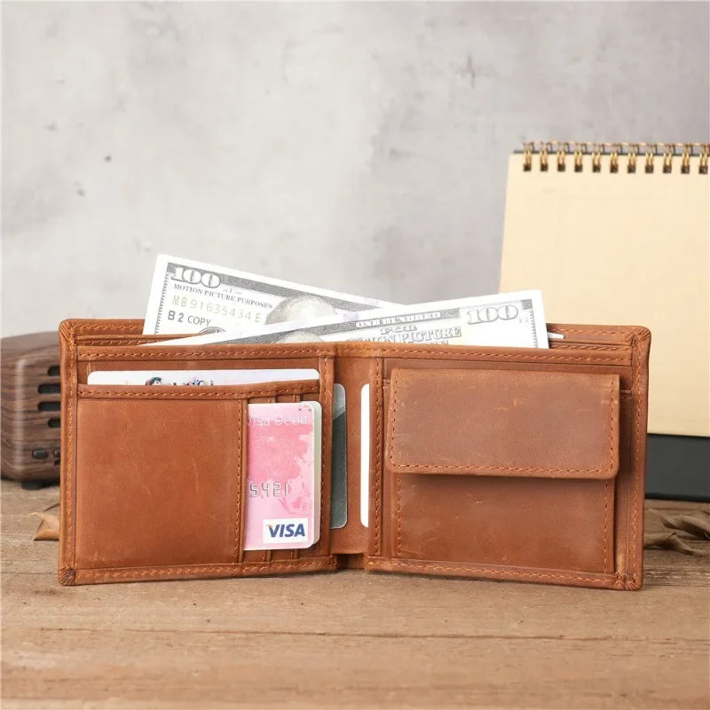 Men's Genuine Crazy Horse Leather Wallet with RFID Protection and Coin Pocket Image