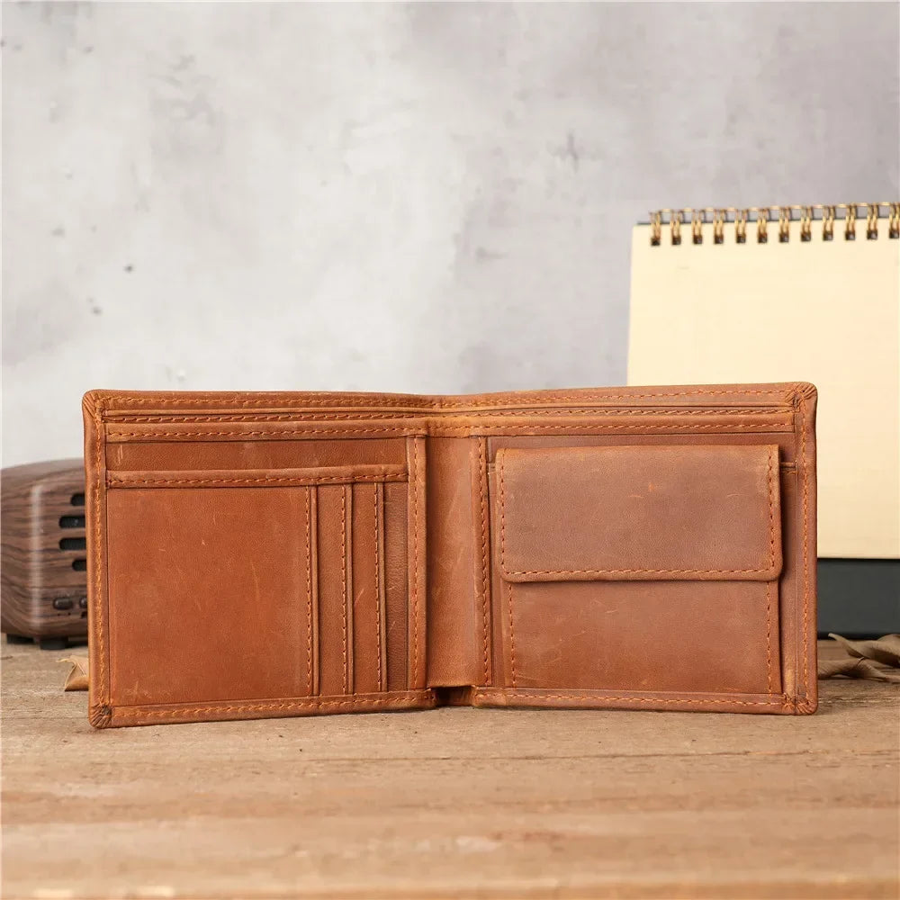 Men's Genuine Crazy Horse Leather Wallet with RFID Protection and Coin Pocket