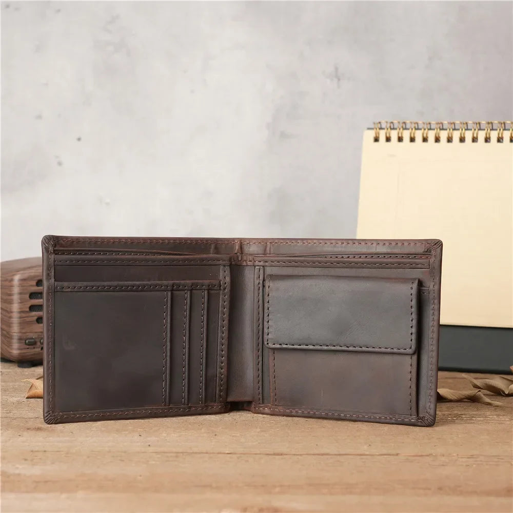 Men's Genuine Crazy Horse Leather Wallet with RFID Protection and Coin Pocket