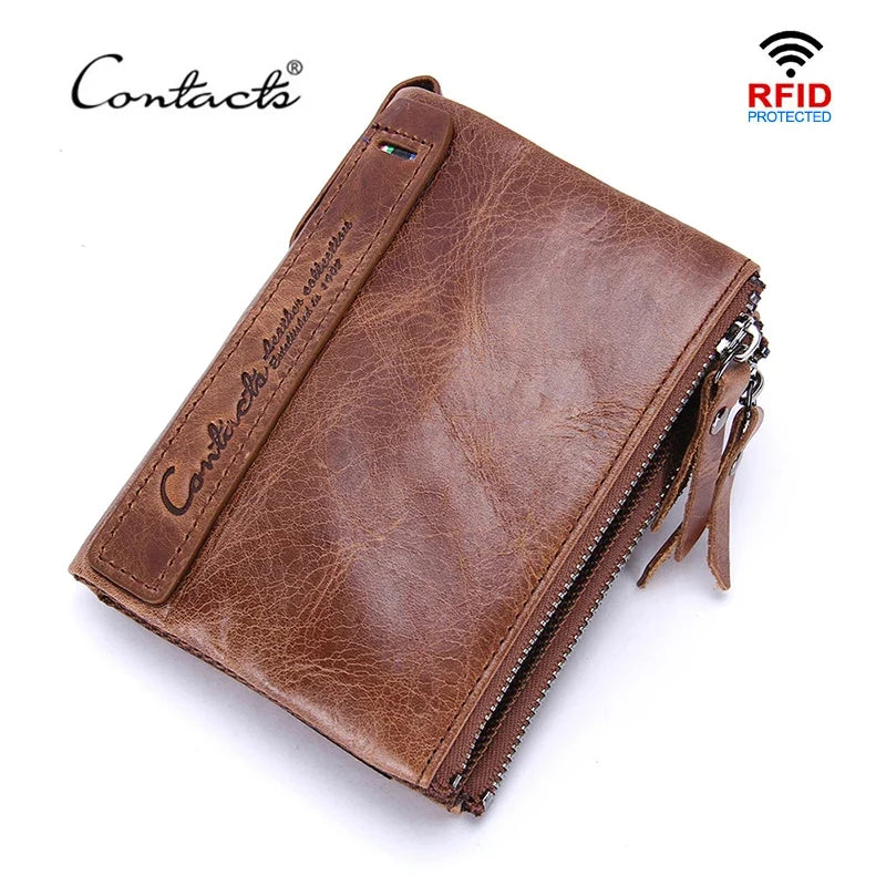 Men's Genuine Leather Wallet with Double Zip and Compact Card Holder
