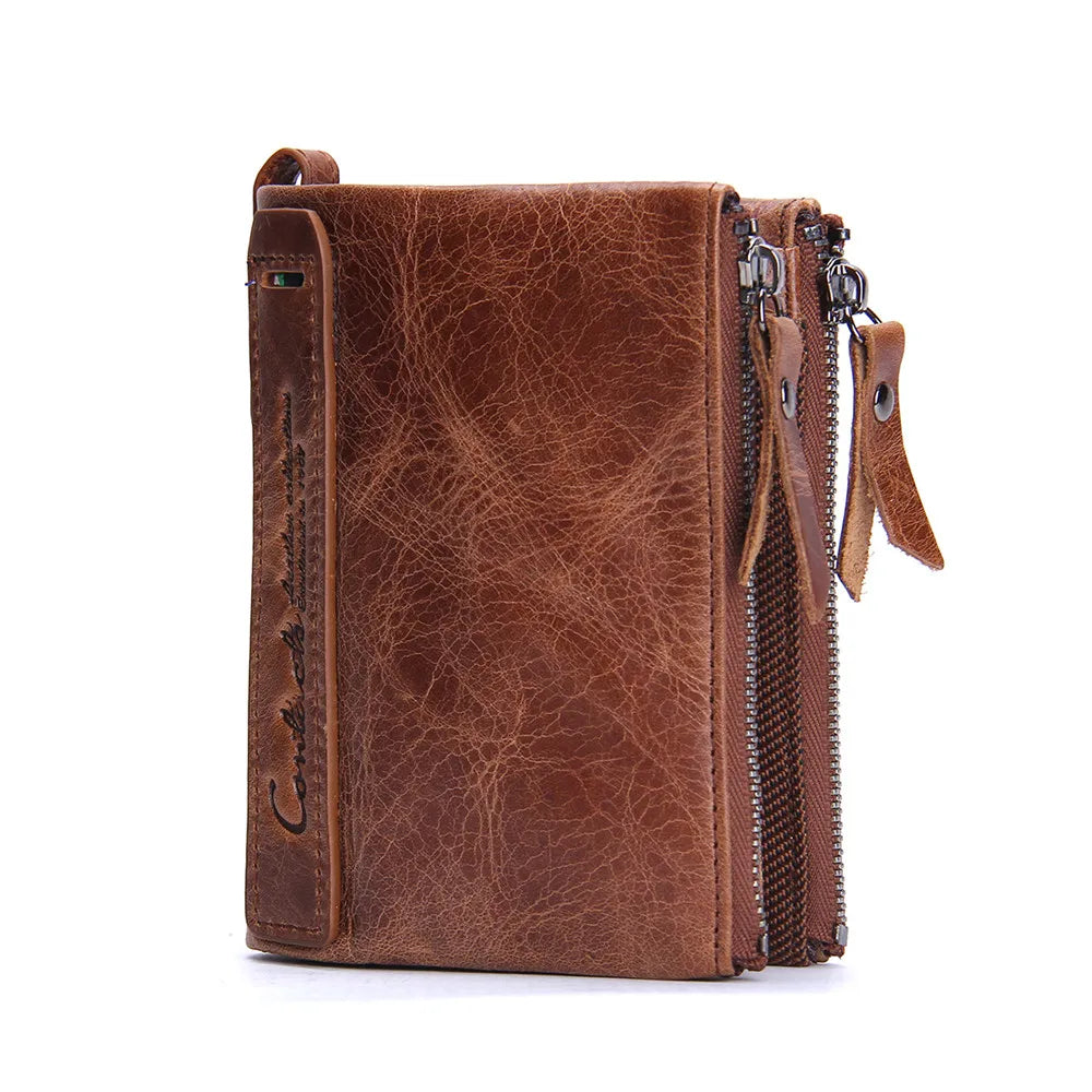 Men's Genuine Leather Wallet with Double Zip and Compact Card Holder