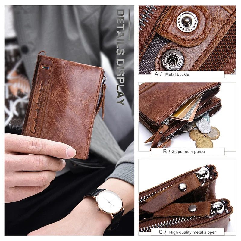 Men's Genuine Leather Wallet with Double Zip and Compact Card Holder Image
