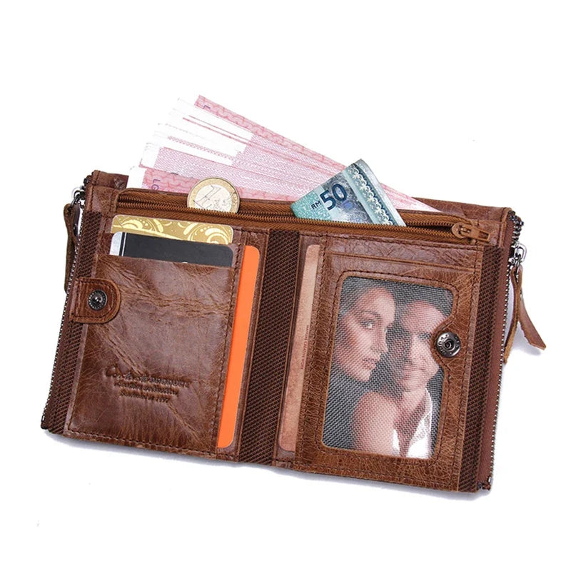 Men's Genuine Leather Wallet with Double Zip and Compact Card Holder