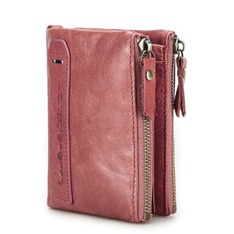 Men's Genuine Leather Wallet with Double Zip and Compact Card Holder