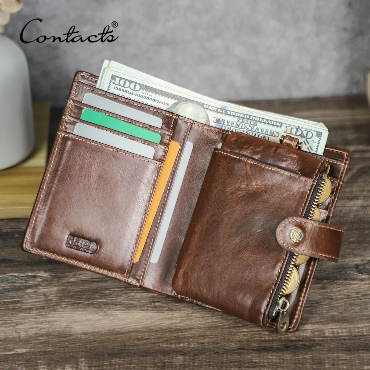Men's Full Grain Leather Wallet with Zippered Coin Pocket Image
