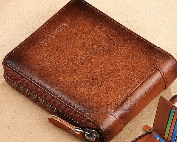 Men's Genuine Leather Wallet with RFID Protection and Zipper