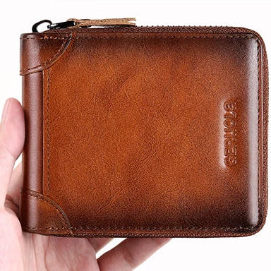 Men's Genuine Leather Wallet with RFID Protection and Zipper