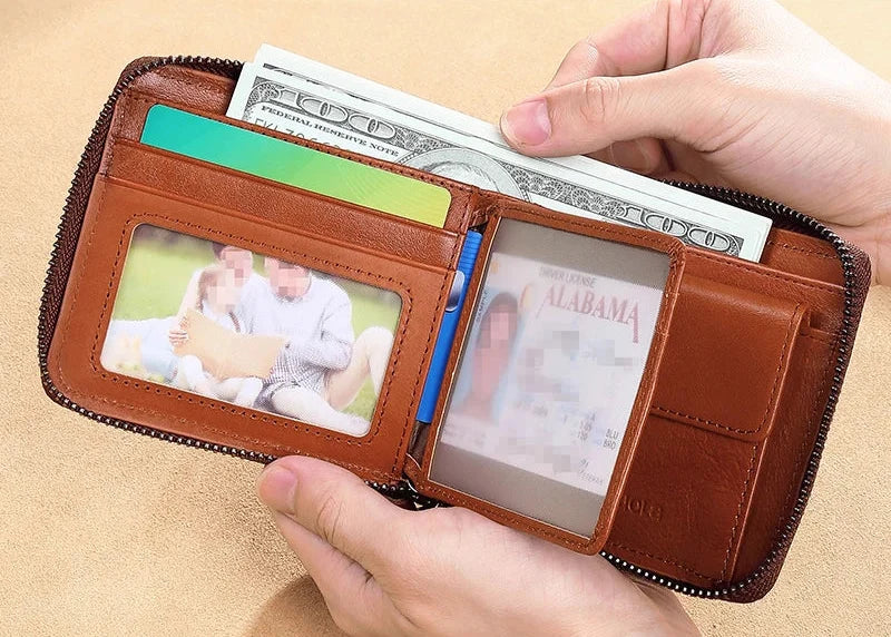 Men's Genuine Leather Wallet with RFID Protection and Zipper Image