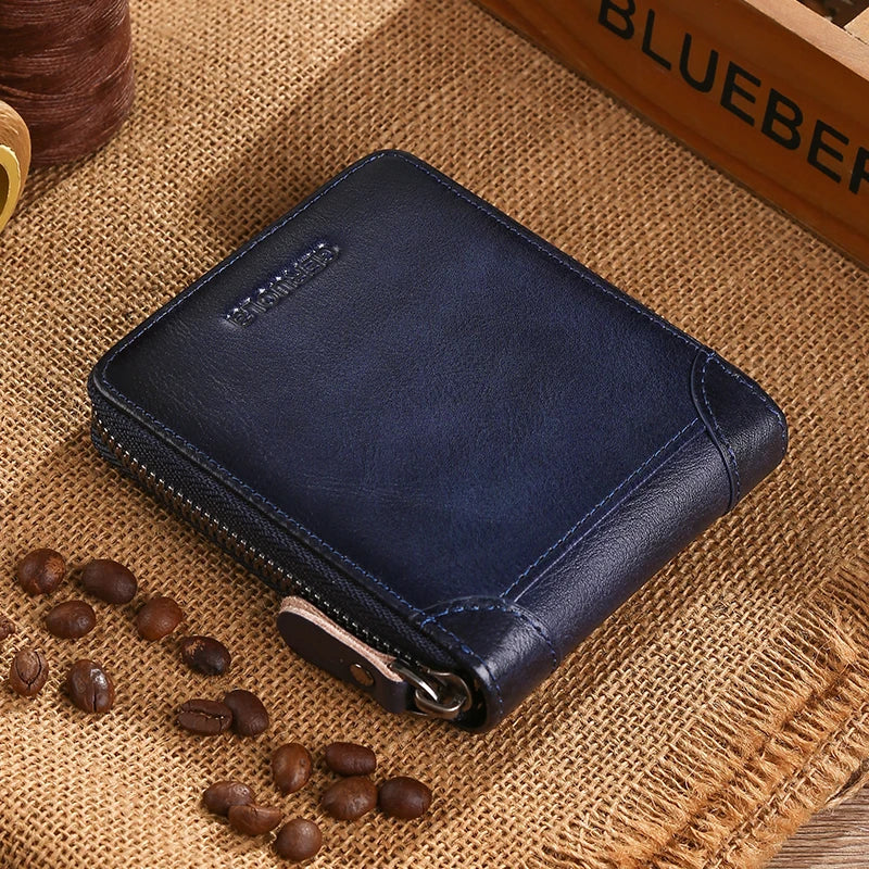 Men's Genuine Leather Wallet with RFID Protection and Zipper