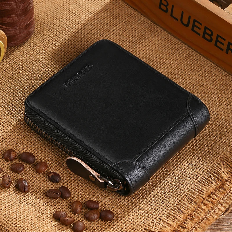 Men's Genuine Leather Wallet with RFID Protection and Zipper