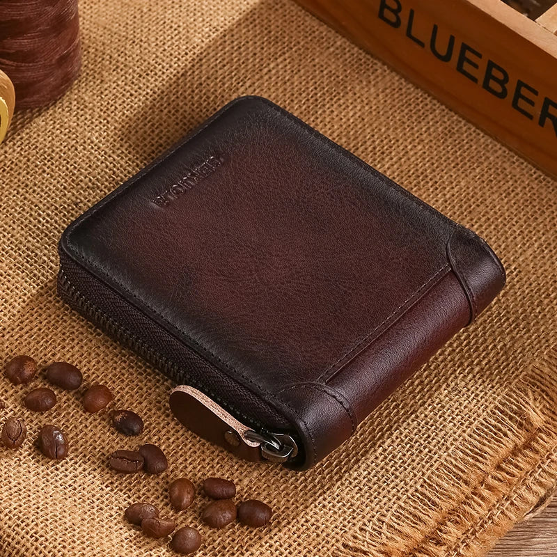Men's Genuine Leather Wallet with RFID Protection and Zipper