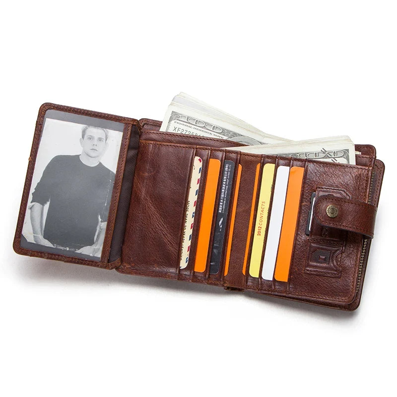 Genuine Crazy Horse Leather Wallet for Men – Wallet with Card Holder, Coin Pocket, and RFID Protection, Vintage Style