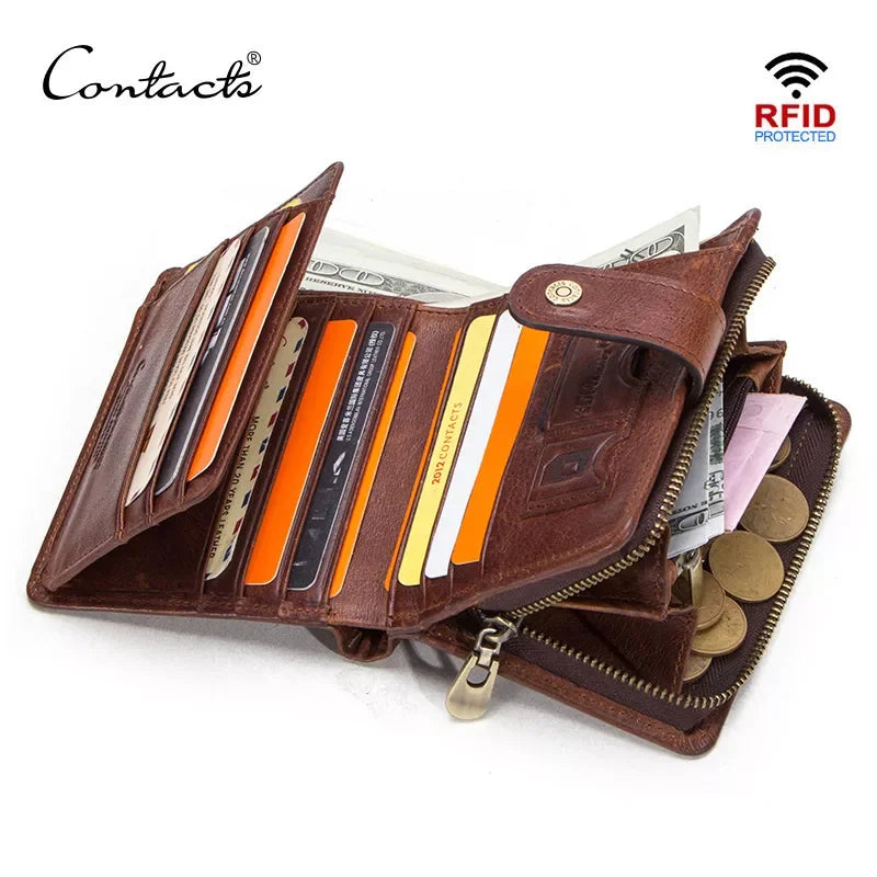Genuine Crazy Horse Leather Wallet for Men – Wallet with Card Holder, Coin Pocket, and RFID Protection, Vintage Style
