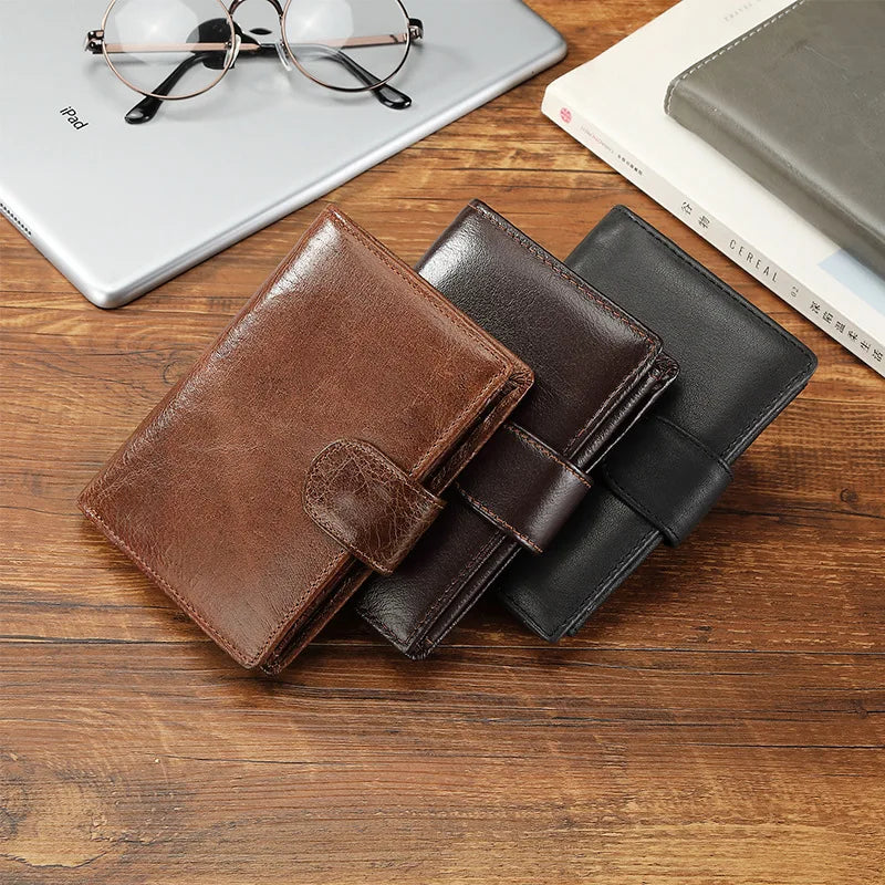 100% Genuine Cowhide Leather Men's Wallet with RFID Protection and Vintage Style Image