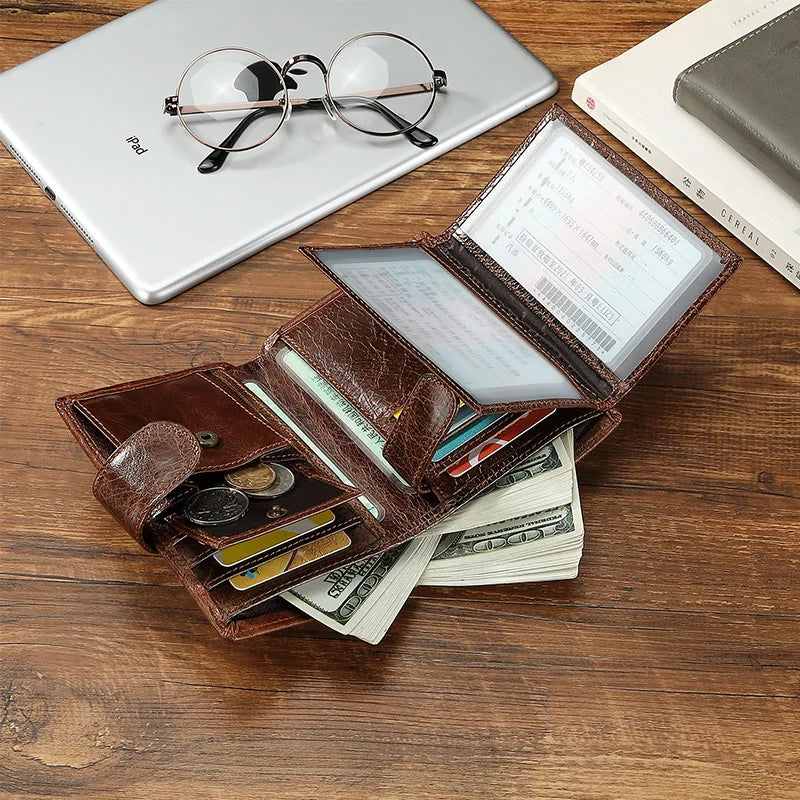 100% Genuine Cowhide Leather Men's Wallet with RFID Protection and Vintage Style
