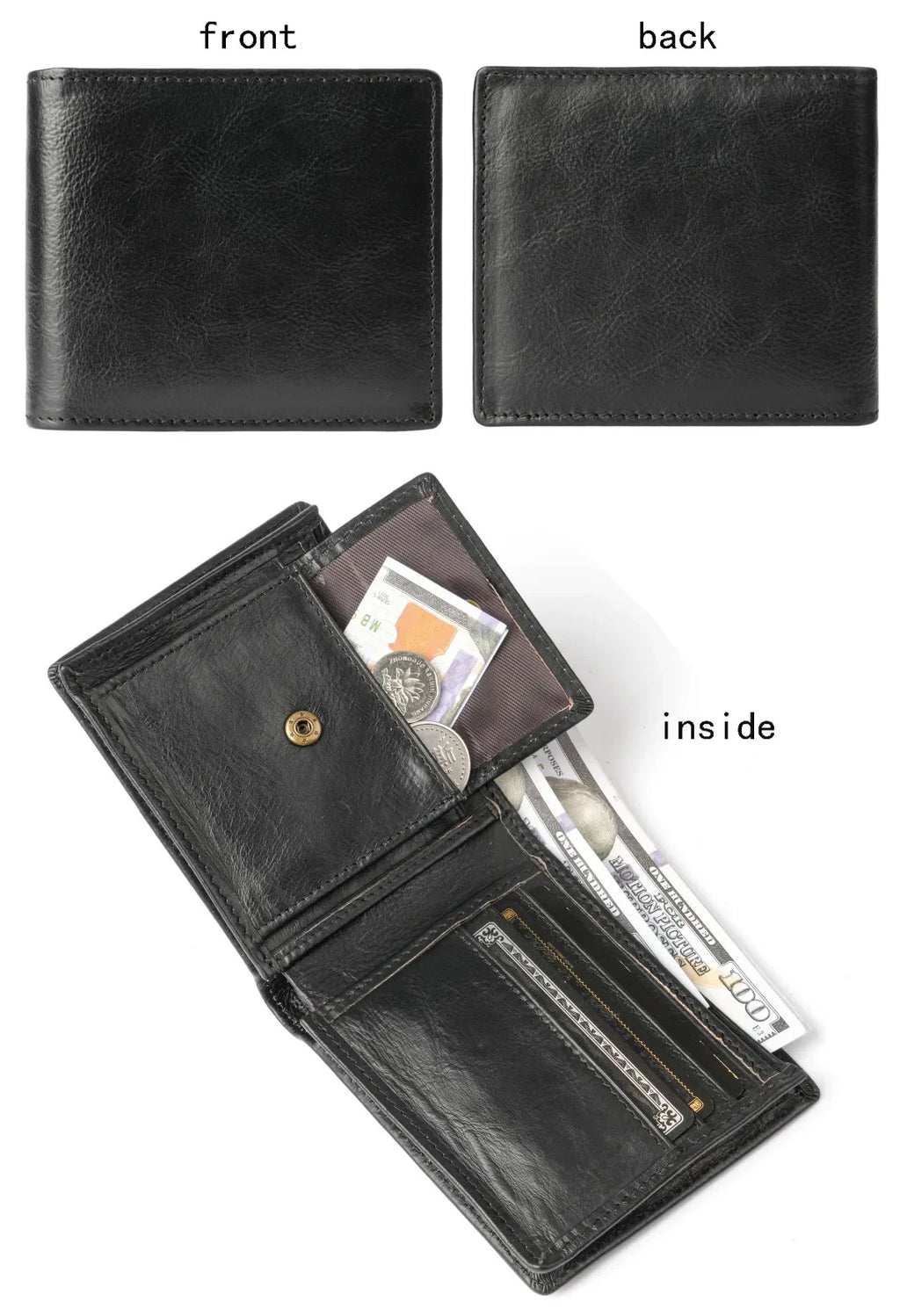 Men's Short Genuine Leather Wallet with Zippered Coin Pocket and Multiple Card Slots
