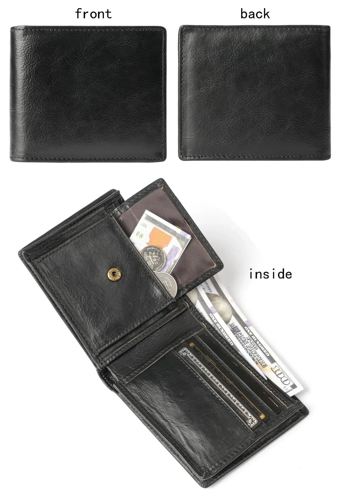 Men's Short Genuine Leather Wallet with Zippered Coin Pocket and Multiple Card Slots