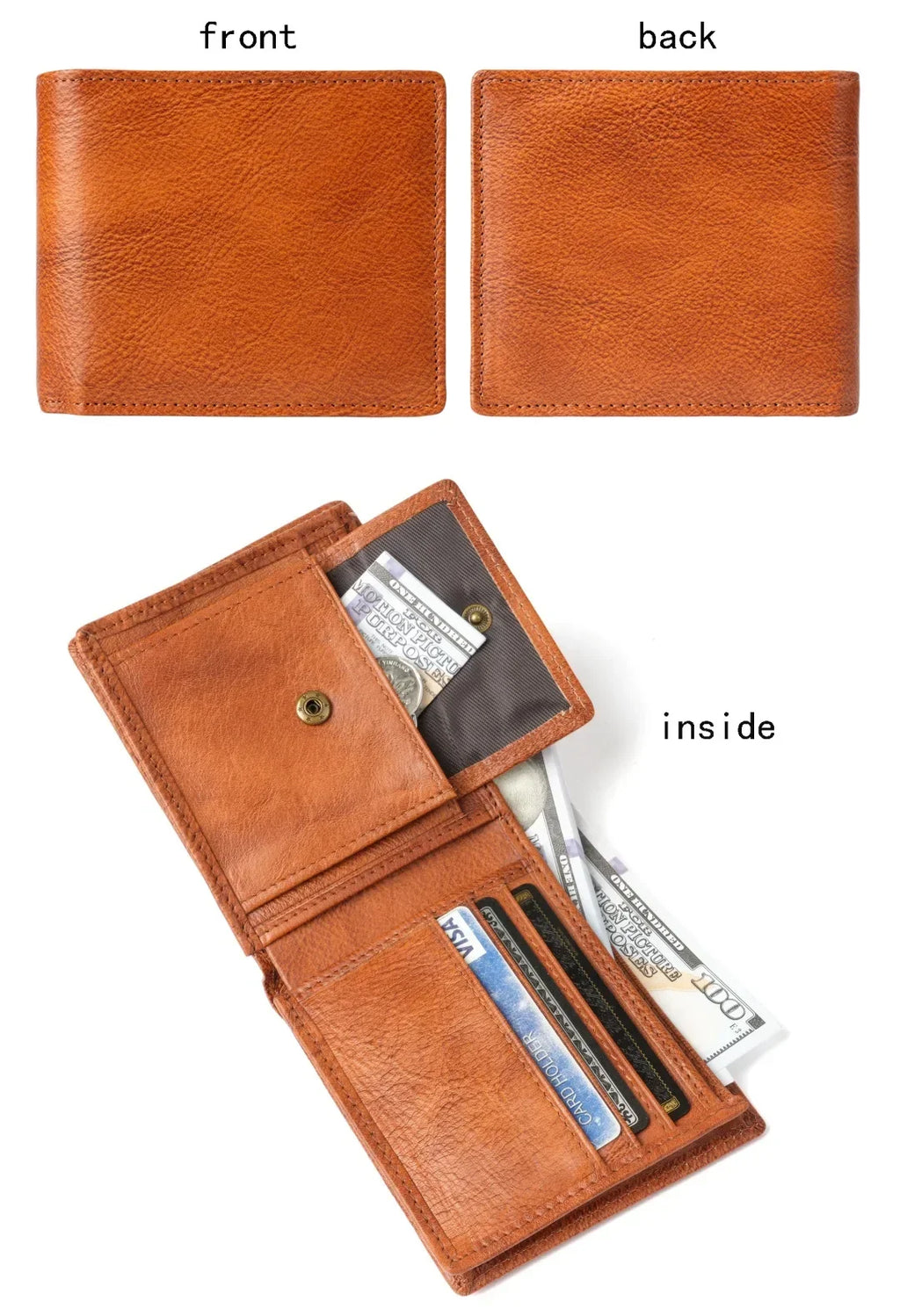 Men's Short Genuine Leather Wallet with Zippered Coin Pocket and Multiple Card Slots