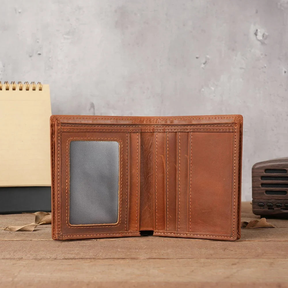 Men's Short Genuine Leather Wallet with Zippered Coin Pocket and Multiple Card Slots