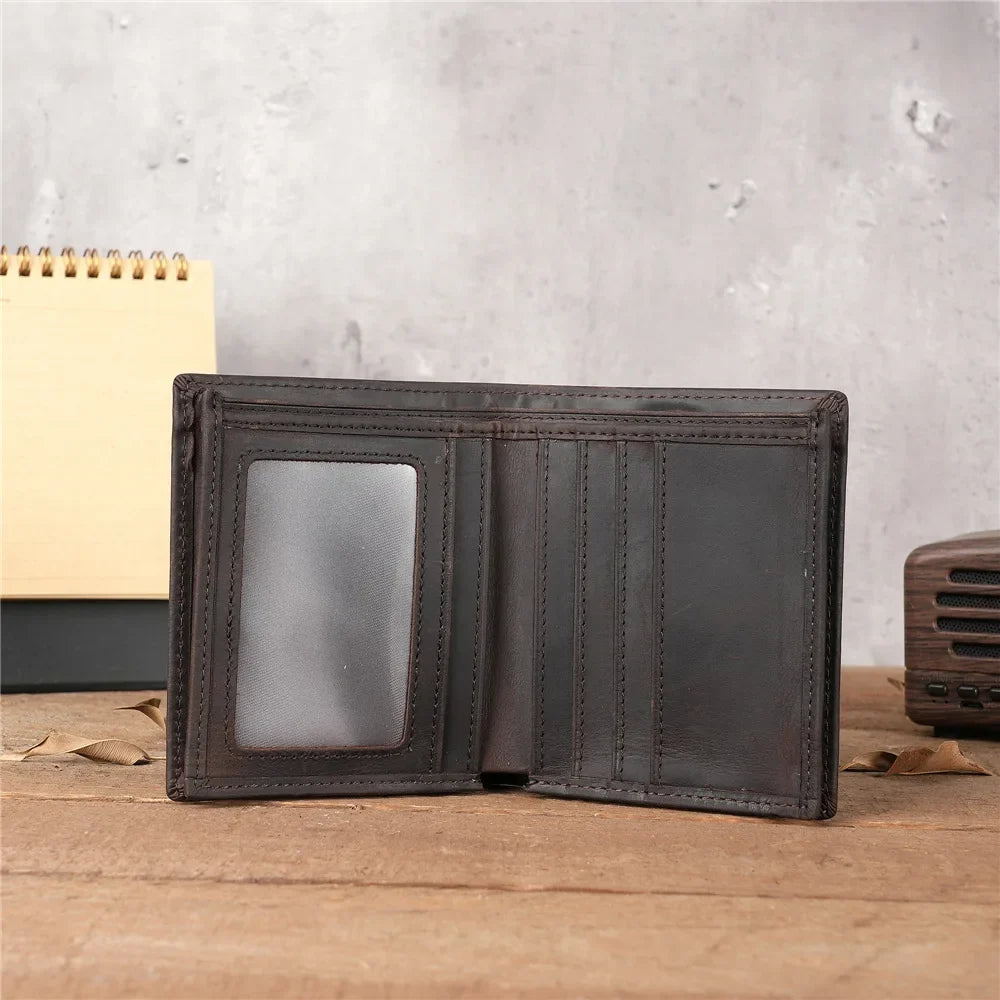 Men's Short Genuine Leather Wallet with Zippered Coin Pocket and Multiple Card Slots