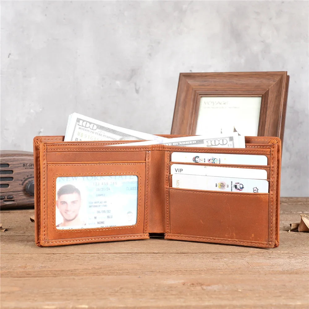 Men's Short Genuine Leather Wallet with Zippered Coin Pocket and Multiple Card Slots