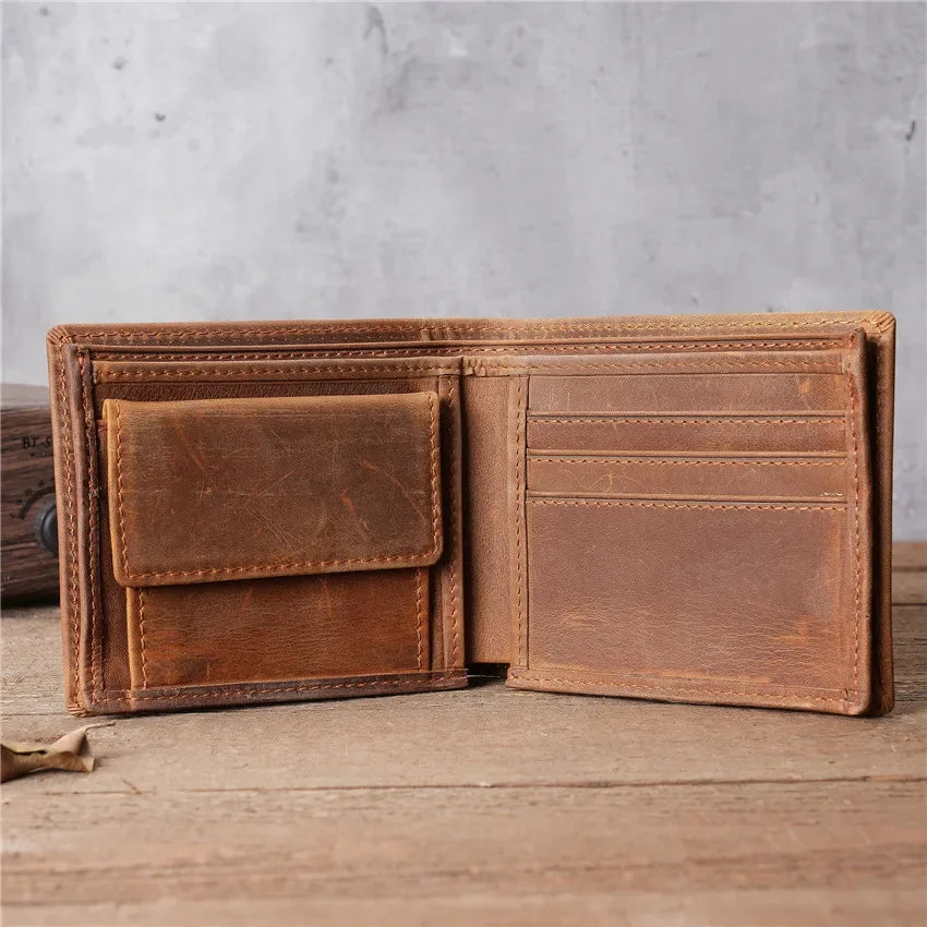 Men's Short Genuine Leather Wallet with Zippered Coin Pocket and Multiple Card Slots