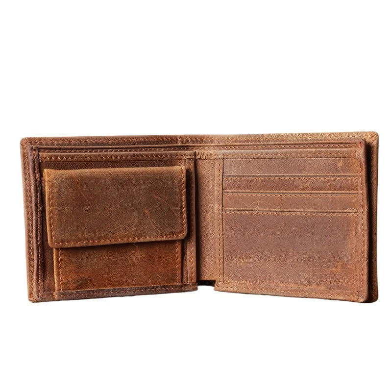 Men's Short Genuine Leather Wallet with Zippered Coin Pocket and Multiple Card Slots