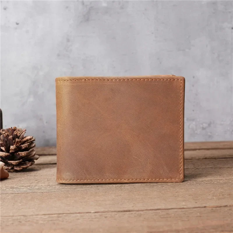 Men's Short Genuine Leather Wallet with Zippered Coin Pocket and Multiple Card Slots