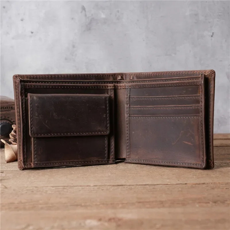 Men's Short Genuine Leather Wallet with Zippered Coin Pocket and Multiple Card Slots