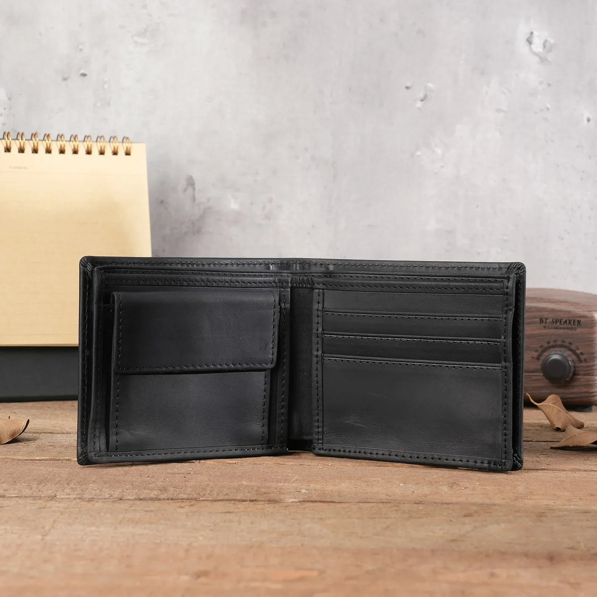 Men's Short Genuine Leather Wallet with Zippered Coin Pocket and Multiple Card Slots