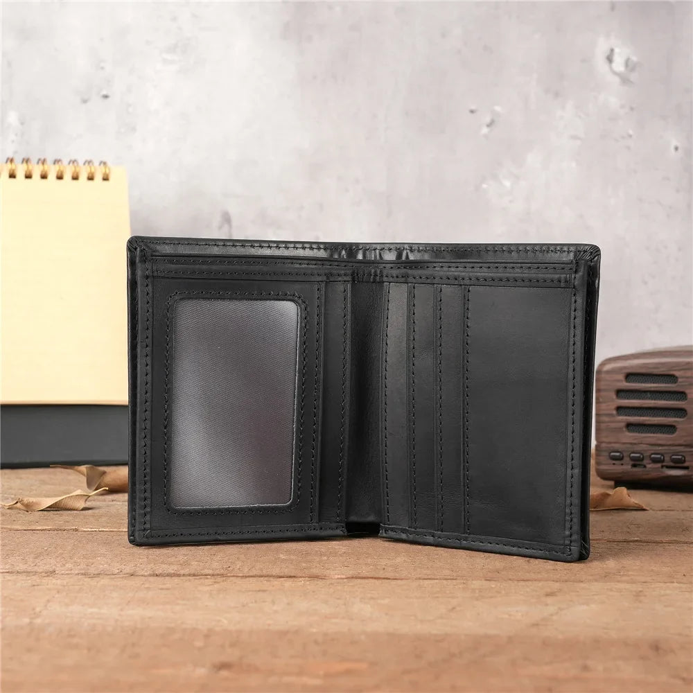 Men's Short Genuine Leather Wallet with Zippered Coin Pocket and Multiple Card Slots