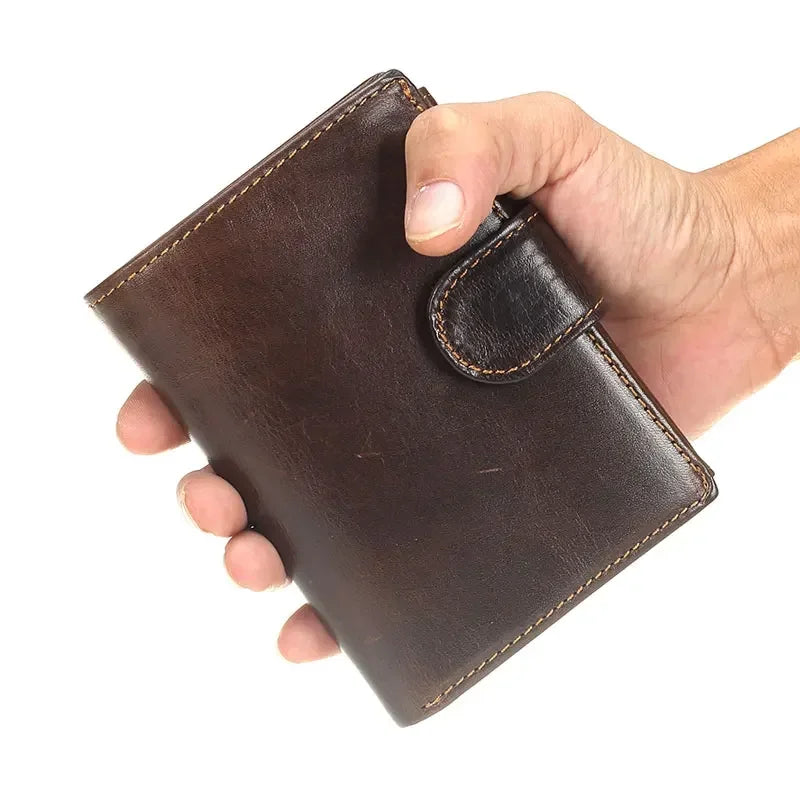 Men's Retro Genuine Cowhide Leather Wallet with Latch Closure and Coin Pocket