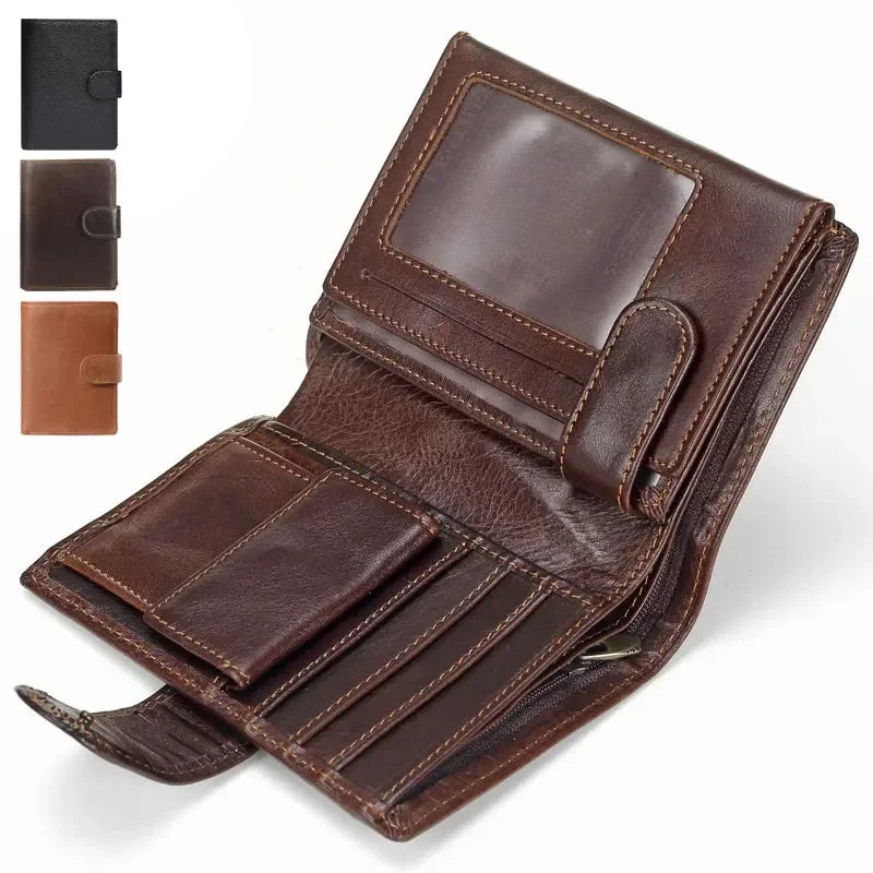 Men's Retro Genuine Cowhide Leather Wallet with Latch Closure and Coin Pocket
