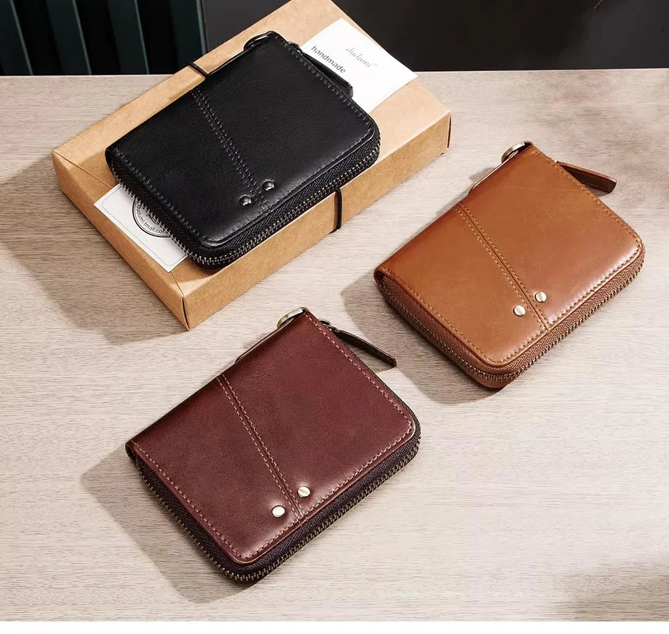 Men's Vintage Genuine Leather Wallet with Zip and Compact Flap